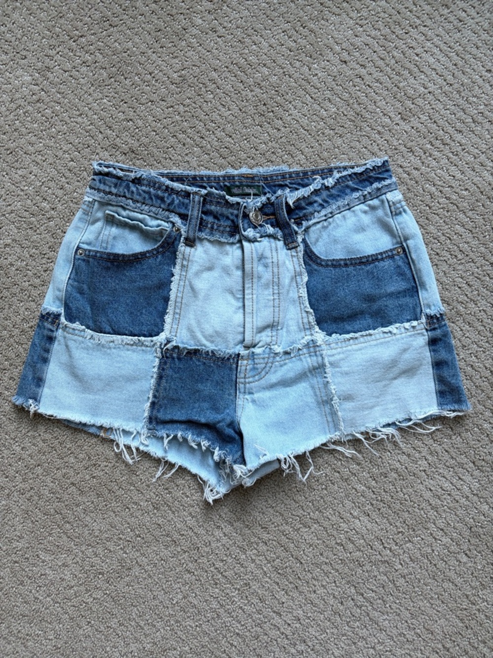 Patchwork Two-Tone Denim Shorts - Light & Dark Blue